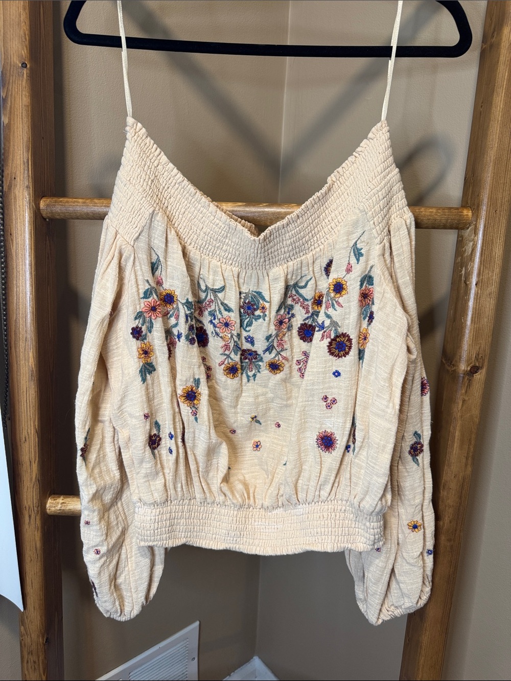 Free People Cream Embroidered Floral Off-Shoulder Top